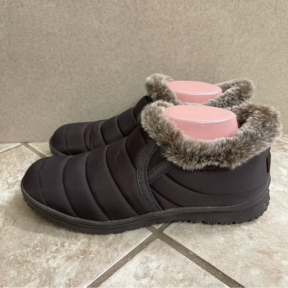 Minnetonka Tulsa Check Faux Fur Slip On Brown Quilted Nylon 69002 Womens Size 10 - Picture 5 of 12